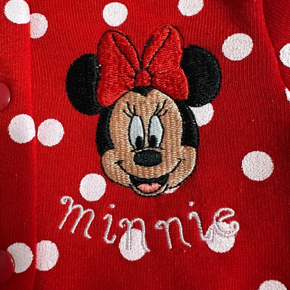 Disney Baby Minnie Mouse Polka Dot Fleece Pajama Set Footed Pants Red White 3/6M